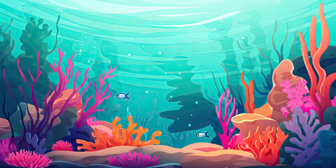 Fototapeta na wymiar Cartoon style underwater coral reef graphic resource background children friendly water scene backdrop, generated ai