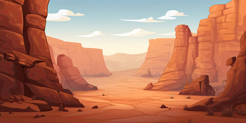 Canyon valley background illustration cartoon anime style wide desert canyons backdrop, generated ai