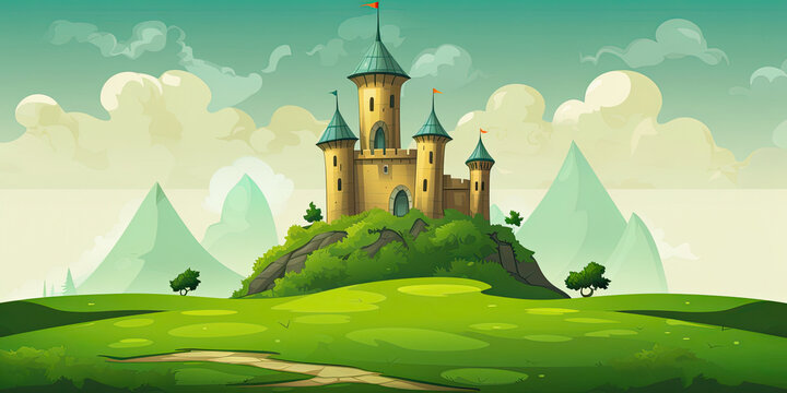 Cartoon fantasy castle graphic resource green hills blue sky fairy tale castle background, generated ai