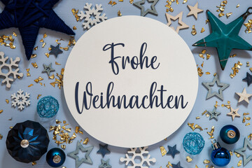 Text Frohe Weihnachten, Means Merry Christmas Blue Christmas Decoration, Flatlay