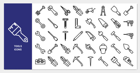Construction tool icon set. line icon collection. Containing axe, drill and hammer icons.  - obrazy, fototapety, plakaty