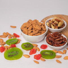 Mixed nuts on white bowl with white background, mixed dry fruits and nuts on white bowl with white background