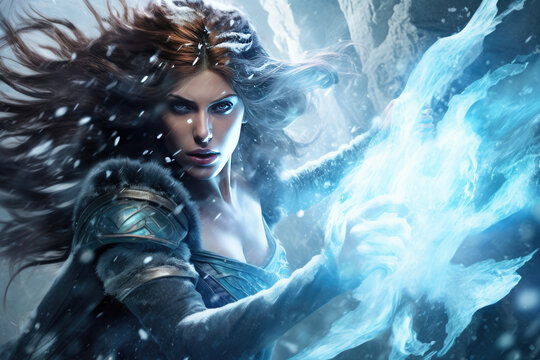 strong warrior woman fight with frozen spell