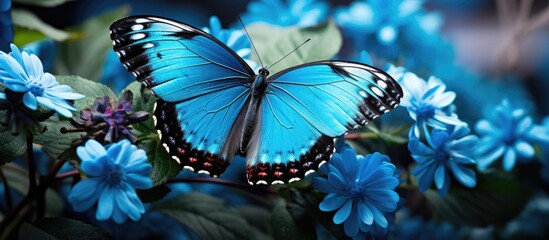 In the vibrant world of summer, the black and blue butterfly gracefully flutters among the lush green plants, as a bird sings its song. In City's natural haven of Phuket, the bold and sharp - obrazy, fototapety, plakaty