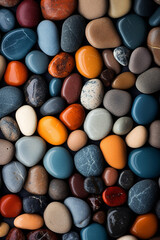 The close up detail abstract wallpaper of many smoothly colorful pebbles as a background. Generative AI.