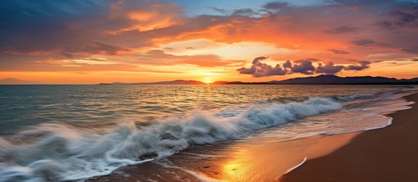The breathtaking landscape painted a beautiful scene as the sun set on the horizon, casting a warm orange glow over the calm blue sea, while fluffy white clouds floated across the sky, reflecting