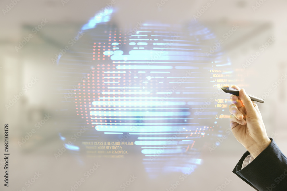 Poster man hand with pen working with abstract virtual coding concept and world map on blurred office backg