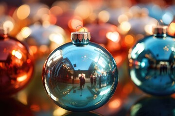 Holiday Baubles: Close-up of shiny Christmas baubles reflecting the surrounding lights. 