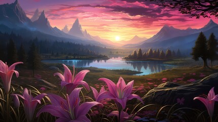 Beautiful scene of nature, Paintings of sunsets over mountain lakes, rivers, blooming orchids, and tranquil meadows
 - obrazy, fototapety, plakaty