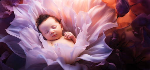 Cute newborn baby boy sleeping in a purple flower petal. 