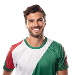 Fototapeta premium Front view of a half body shot of a handsome man with his jersey painted in the colors of the Bulgaria flag only, smiling with excitement isolated on transparent background.