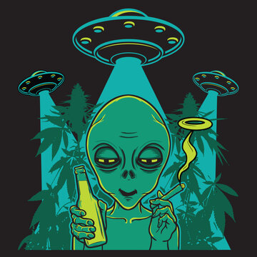 alien smoking and drinking with UFO in the background