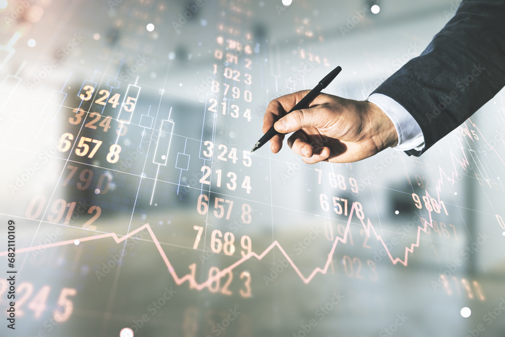 Poster man hand with pen working with abstract virtual analytics data spreadsheet on blurred office backgro