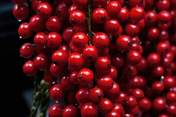 Cranberry Garland: Close-up of a garland made of cranberries draped on a Christmas tree. 