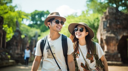 Obraz premium Happy Asian couple tourist backpackers traveling around Temple on holidays , dating outdoors vacation together in the summer , Generative Ai