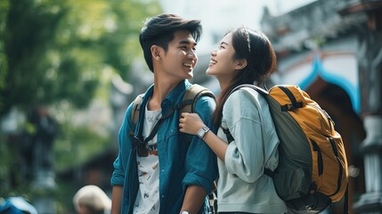 two woman and man young teen couple tourists at local market in Thailand, Generative Ai