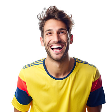 Front view of a half body shot of a handsome man with his jersey painted in the colors of the Colombia flag only, smiling with excitement isolated on transparent background.