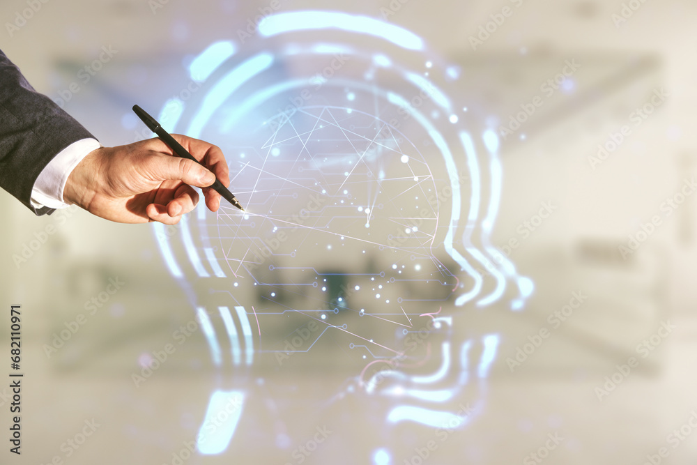 Poster man hand with pen working with abstract virtual artificial intelligence concept with human head sket