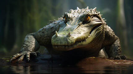 Fototapeta premium Close-up view of a large crocodile in a river in the deep forest., created with AI, PNG, 300 DPI