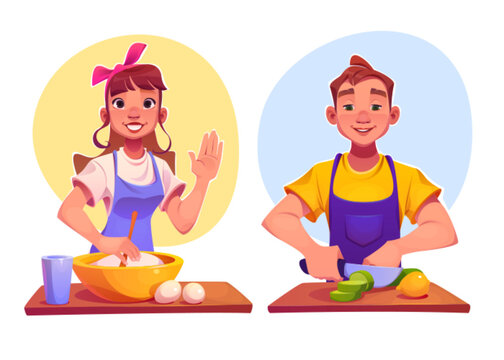 Kitchen class with man character cook food workshop cartoon illustration. Woman in culinary classroom near table. Baker lesson at home. adult student learn new recipe of healthy dinner graphic
