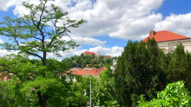View of castle on a hill. European castle. Spilberk castle. Brno, Czech Republic.