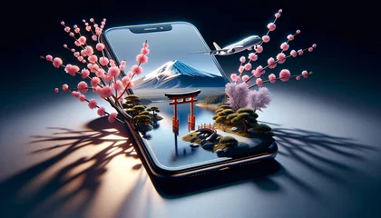 Afwasbaar fotobehang Smartphone Displaying Mount Fuji, Lake, Sakura, and Torii Gate © tong4130