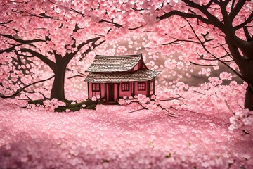 A house surrounded by cherry blossom made with paper cutting art 