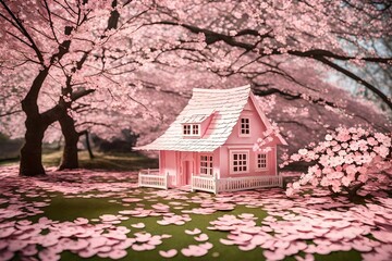 Delicate pink petals surround a charming cottage, capturing the ephemeral beauty of cherry blossoms in spring.
