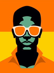 Modern strong black man in orange sunglasses portrait canvas print poster vector flat illustration
