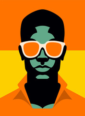 Modern strong black man in orange sunglasses portrait canvas print poster vector flat illustration
