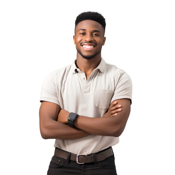 Black American students standing with cool arms crossed and smiling happily on the first day of school on transparent background PNG. Back to School concept.