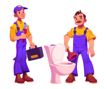 Male plumber characters isolated on white background. Vector cartoon illustration of young man with tool case and wrench in hands, plumbing worker cleaning clogged toilet with plunger, repair services