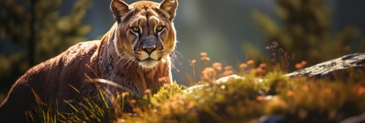 A close-up of a mountain lion in a field of grass. Generative AI.