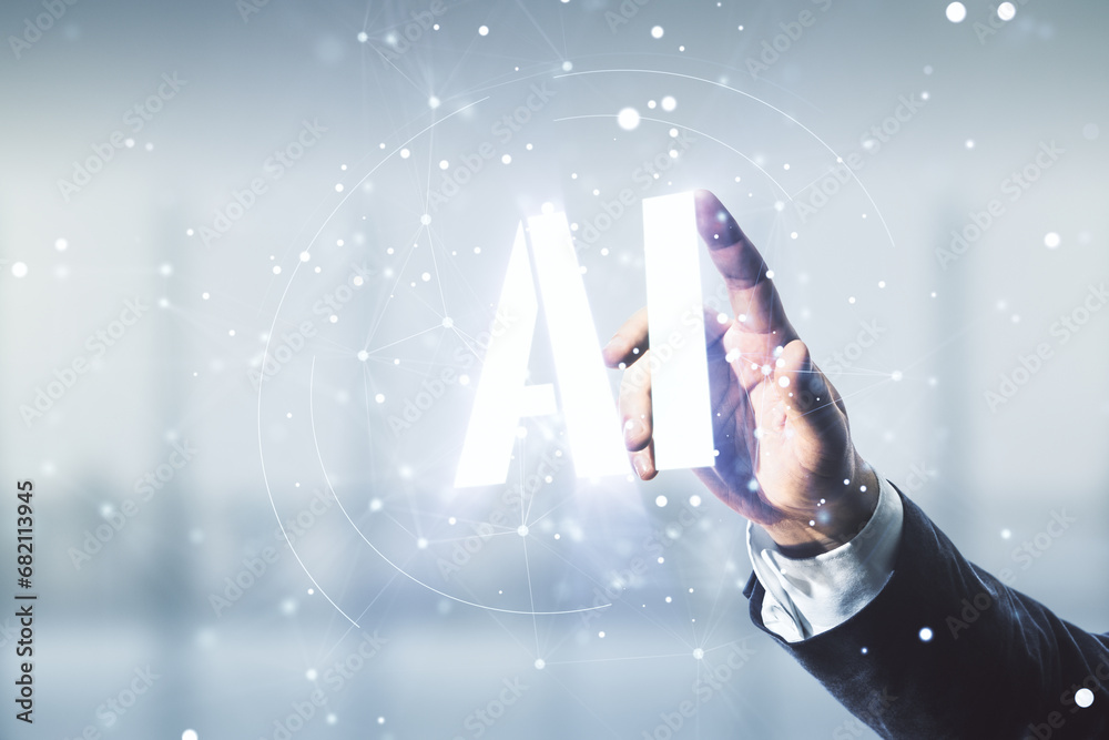 Aufkleber man hand working with abstract virtual artificial intelligence symbol hologram on blurred office bac