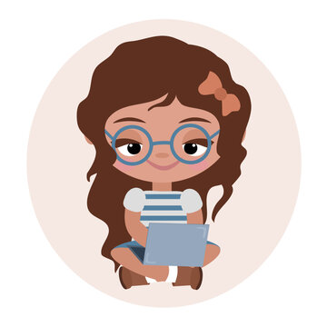 Girl with laptop. Cartoon, funny cute girl works at laptop.Children study with laptop. Businesswoman.Sitting on the floor. Vector illustration. Banner, poster, print . Smart woman with glasses. 