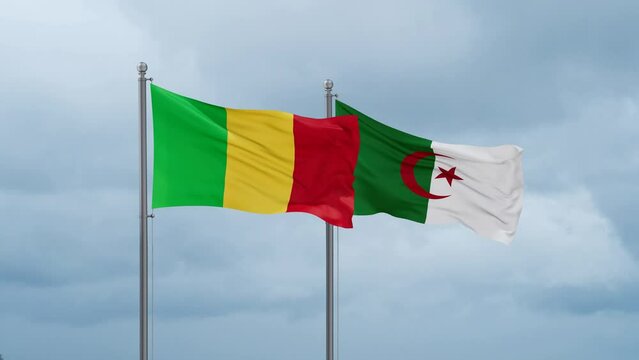 Mali flag and Algeria flag waving together on cloudy sky, endless seamless loop