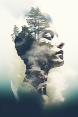 Double exposure portrait of young beautiful woman blended with nature