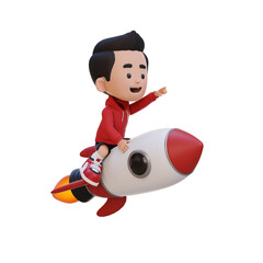 3D kid character riding a rocket and pointing hand