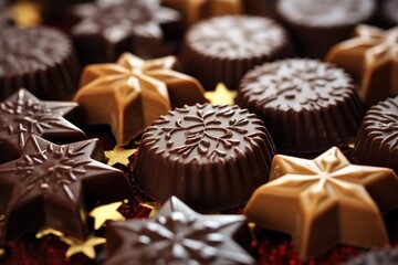 Christmas Chocolates: Close-up of chocolates in festive shapes.
