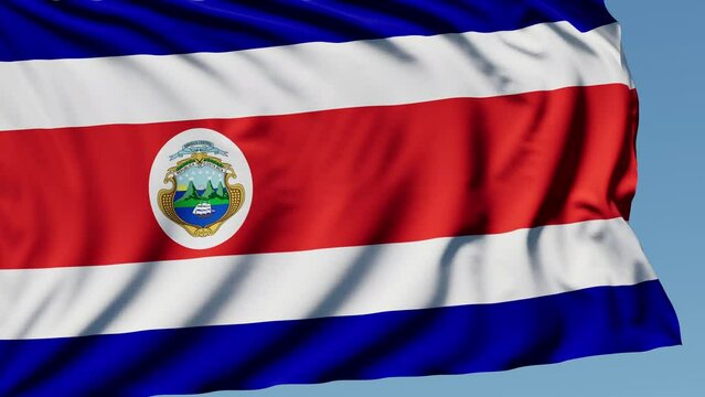Close-up of the national flag of Costa Rica flutters in the wind on a sunny day , 4k slow motion