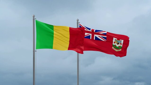 Mali flag and Bermuda or Somers Isles flag waving together on cloudy sky, endless seamless loop