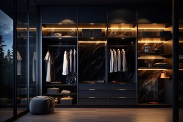 Interior design of a wardrobe with different cloths, lights and seat. Created with Ai