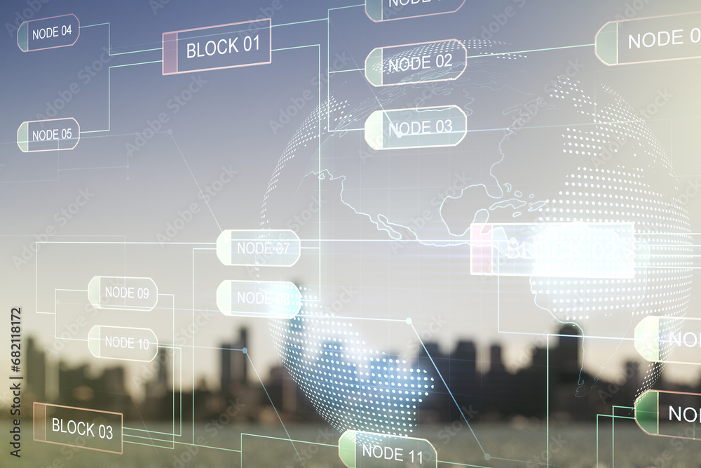 Aufkleber Double exposure of abstract programming language hologram and world map on blurry cityscape background, research and development concept