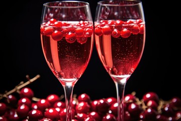 Cranberry Champagne: Close-up of champagne flutes with floating cranberries.