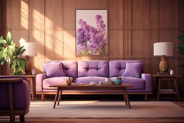 Purple sofa in living room with wooden walls, lamp, wooden chair and painting. Created with Ai