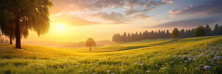 Golden sunset over a serene meadow with daisies, rolling hills, and tree silhouettes