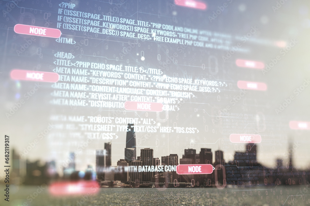 Aufkleber double exposure of abstract creative programming illustration on san francisco office buildings back