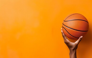 March madness poster. A hand holding basketball ball. Photorealistic orange basketball ball isolated on warm orange background. Modern minimalistic banner, copy space, flat lay. AI Generative. - Powered by Adobe