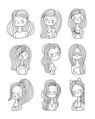Cute cartoon girls. Coloring Page. Portrait of a young woman with long wavy hair. Hand style. Vector drawing. Collection of design elements.