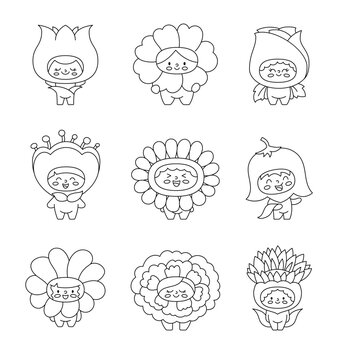 Cute little kids wearing flowers costumes. Coloring Page. Funny boys and girls cartoon characters in clothes rose, chamomile, tulip. Hand drawn style. Vector drawing. Collection of design elements.